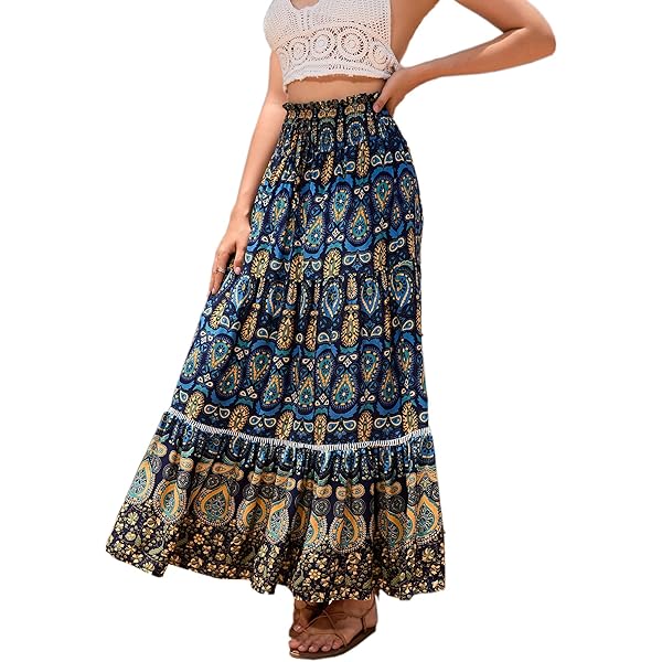 Banjamath Bohemian Maxi Skirt - Women's Long Gypsy Boho Hippie Style Rayon Skirt With Elastic Waist