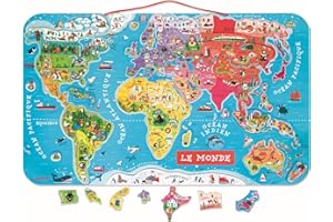 Janod - Puzzle Carte du Monde Magnétique en Bois - 92 Pièces Aimantées - 70 x 43 cm - Version Française - Jeu éducatif dès 7 ans, J05500 Argent Métallique