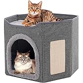 Foldable Cat House for Large Cats Indoor, Large Cat Cave with Scratching Board, 2 Layers Cat Beds Small Medium Pet Cave, Grey