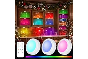 Yiliaw 3er-Pack LED Puck-Lichter mit Fernbedienung,16 Farbwechsel Unterbauleuchten,Batteriebetriebene Nachtlichter mit Dimmer & Timer für Schrank,Schlafzimmer und Küche,Weiß