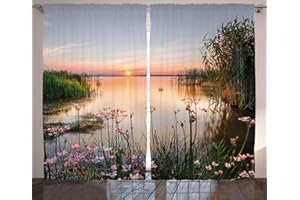 ABAKUHAUS Naturaleza Cortina, Puesta de Sol en el Lago Chudskoy, Sala de Estar Dormitorio Cortinas Ventana Set de Dos Paños, 280 x 245 cm, Rosa Claro