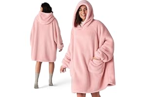 Bedsure Bluza z kapturem i rękawami, narzuta dla dorosłych, idealna jako prezent dla kobiet, ciepła, przytulna, miękka bluza–koc z rękawami, różowa, 95 x 85 cm