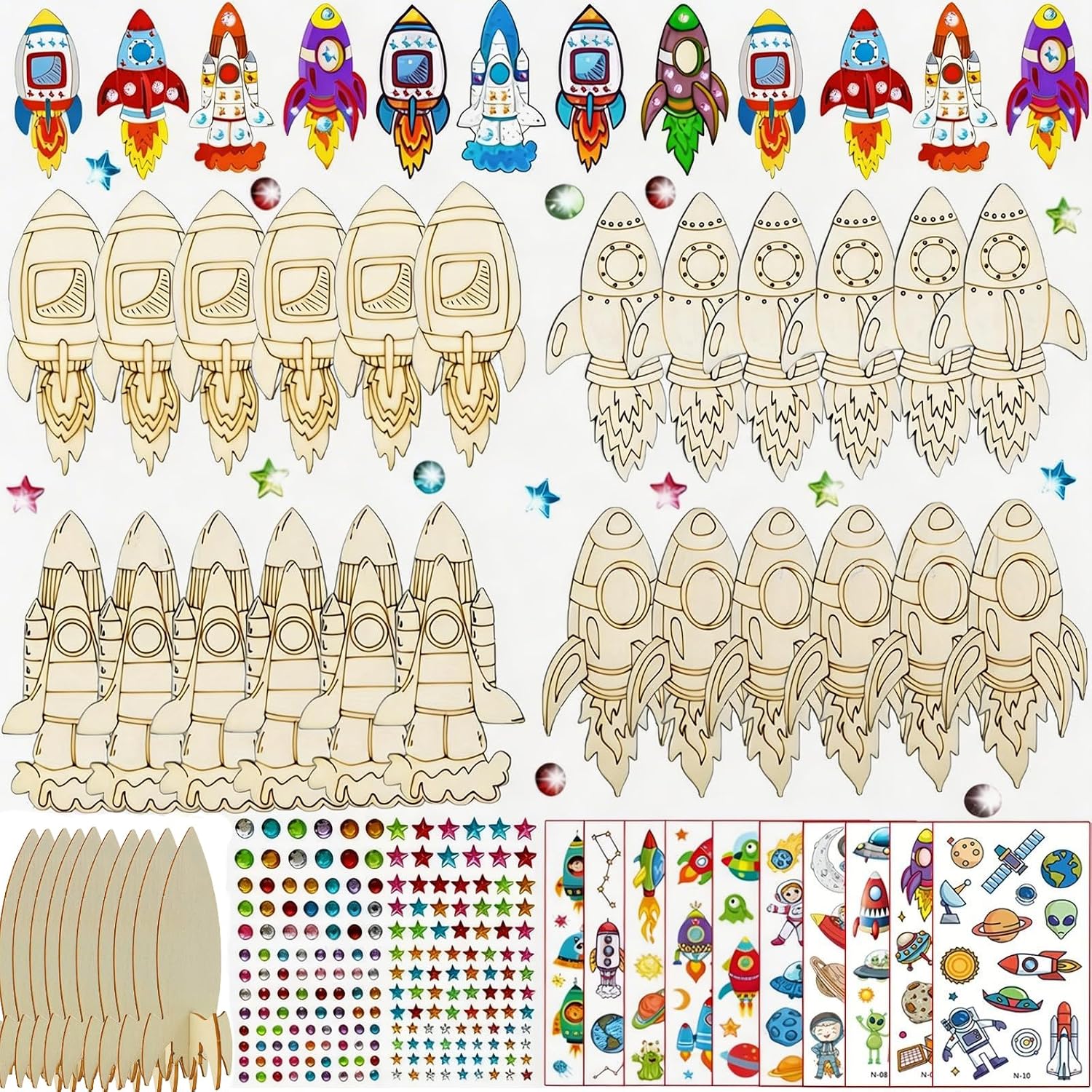 Juego de manualidades de madera con cohete, 34 piezas de madera de cohete, 202 diamantes de imitación y 2 pegatinas, 5 juguetes de cohete diferentes, juego de manualidades de madera para pintar y