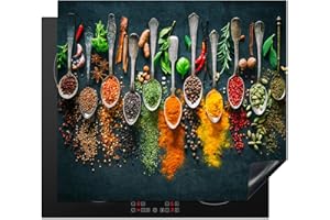 KitchenYeah© Protege Couvre Plaque De Cuisson Décoration Cuisine Tapis Protection Protecteur Induction 59x52 cm Herbes - Epices - Cuillères