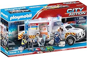 PLAYMOBIL City Action 70936 Rettungs-Fahrzeug: US Ambulance mit abnehmbarem Dach, öffenbare Heck- und Seitentür, beleuchtetem Monitor, Blinklicht und Original Rettungswagen-Sirenen-Sound, ab 5 Jahren