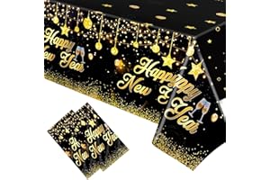 HOWAF 2 PCS New Years Eve Decorations 2026 Table Cloth, Happy New Year Table Cloth Plastic PVC Rectangle Table Cover for NYE Party Decorations 2026, Black Gold