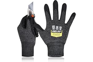 DEX FIT Cru553 Gants Anti-Coupure Niveau 5, Power Grip Antidérapant, Confort 3D comme à Mains Nues, Fins & Légers, Respirants, Compatibles Écran Tactile, Lavables; Noir Gris 10 (XL) 1 Paire