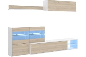 Mobelcenter, Mueble de Salón Reversible, Módulo TV y Vitrina, Módulo Superior y Estante, Color Blanco Brillo y Roble Natural, Medidas: Ancho: 233-260cm x Alto: 86cm x Fondo: 41-118cm (1207)