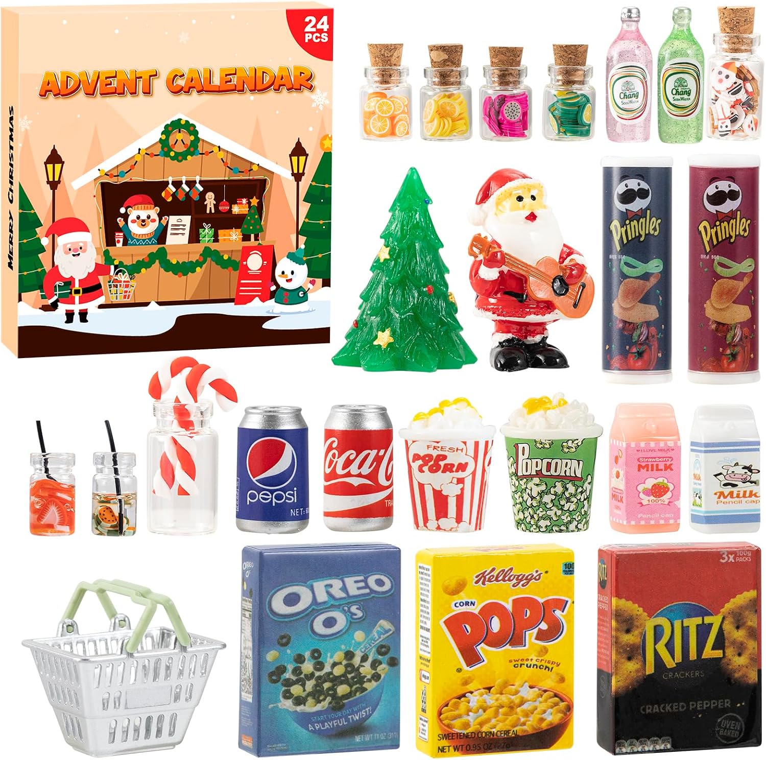 WEVOL Calendario Adviento 2025 Miniaturas para Casa de Muñecas, 24 Piezas Juguetes Miniatura Set de Comida y Bebida, Calendario de Adviento de Juguete Regalos para Niños Mayores de 3 Años