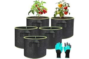 Hoewphofly 5 Pièces Sac de Plantation Non Tissé avec Poignées, Sac de Culture Lavable et Pliable pour Légumes, Pomme de Terre, Carottes, Tomates Fleurs, avec Gants de Jardinage (5 Gallons)