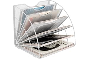 EasyPAG Fan-Shaped 6 Compartment Desktop Mesh in Tray Office Desk Tidy A4 File Holder Mail Sorter Paper Organiser Magazine Storage Shelf Filing Rack,White