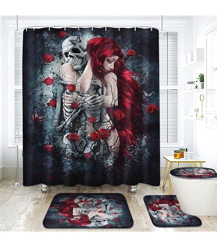 Halloween Duschvorhang Mit Totenkopf-Muster – Wasserdicht & Inkl. Rutschfester Badematte (180x180cm)