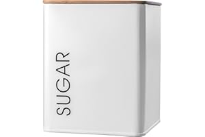 KADAX Barattolo con coperchio, Contenitore in acciaio verniciato a polvere, contenitore ermetico adatto per spezie o cacao, Contenitori da cucina (quadrato, con etichetta “Sugar”, bianco)