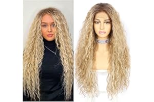 ‎SAPPHIREWIGS Sapphirewigs Curly Lace Front Wig, Blonde Highlight Synthetic Wigs for Women, Dark Roots, 13 x 3 cm, Daily Wear, Party, Christmas, Halloween, Heat Resistant, 66 cm