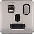 Schneider Electric GGBL30102USBABSSS Lisse Screwless Deco 1G 13A Sw SO SP w/2USB Bss, 240 V, Stainless Steel/Black