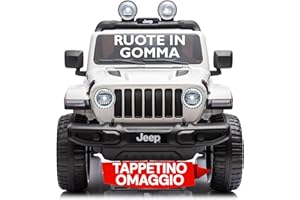 MONDIAL TOYS Jeep Wrangler Rubicon 12V Macchina Elettrica per Bambini 2 Posti con Telecomando Ruote in Gomma EVA Sedile in Pelle Porte Apribili Luci LED Suoni Bluetooth USB Auto Cavalcabile Full Optional Bianco