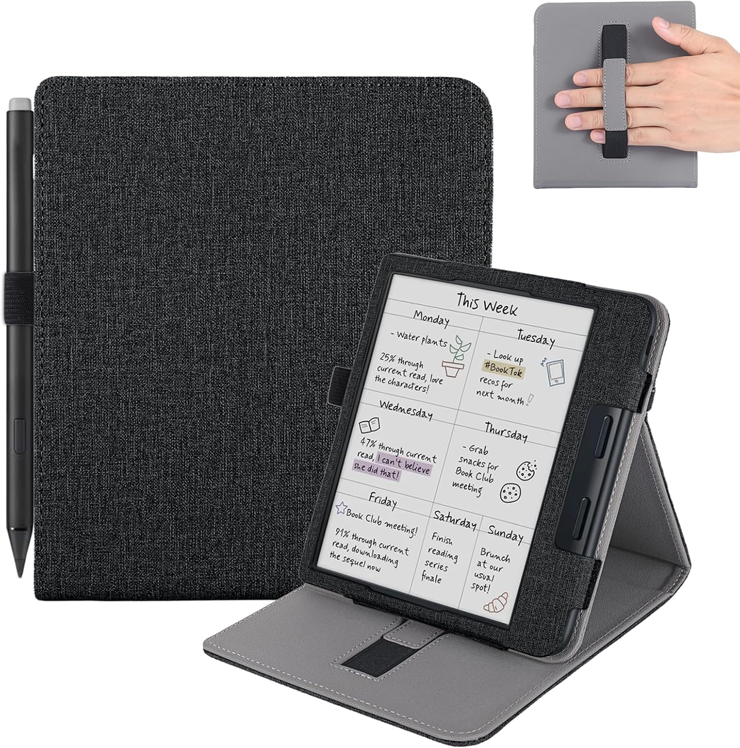Vakarey para Kobo Libra Colour Funda con Soporte para Bolígrafo,Dormir Capa para Kobo Libra 2 Funda con Correa de Mano,Negro