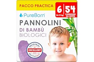 ‎PUREBORN PureBorn Bio Bambus Nachtwindeln, Größe 6 (14-19 kg), 54 Stück Pyjama Windeln Pants, Auslaufschutz für die ganze Nacht, Extra Absorption, Geruchsschutz, Höschenwindeln mit Nässeindikator