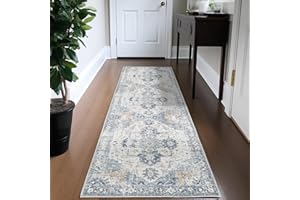 TOPICK chodnik 60 x 180 cm, niebieski, do korytarza, kwiatowy, nadaje się do prania, super cienki, składany dywan w stylu vintage, z krótkim włosiem, orientalny dywan kuchenny, mata do przedpokoju,