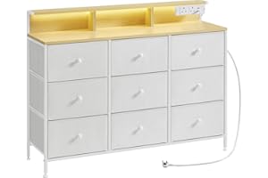 SONGMICS Chest of Drawers Bedroom, Storage Unit with 9 Fabric Drawers and LED Lights, Charging Station, Steel Frame, 33.5 x 114 x 84 cm, for Living Room, Cloud White LTS519W03