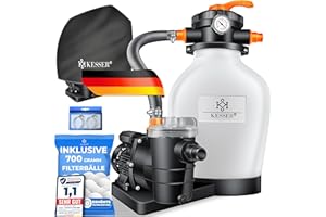 KESSER® Filtro de arena + bolas de filtro de 700 g para reemplazar 25 kg de arena de filtro de 7 vías, válvula con indicador de presión, filtro de piscina de 10 m/h, sistema de filtro para piscina de