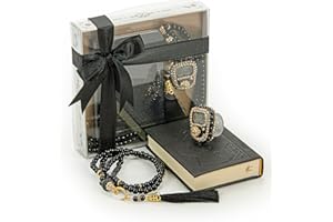 İhvan Online Medina Calligraphy Quran Set with Islamic Finger Counter, Portable Digital Prayer Tasbeeh, Pearl Zikirmatic Beads, 3 Pieces Gift for Ramadan & Eid & Mawlid (Black)