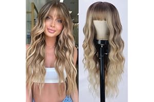 Ainimiu Ombre Blonde Wig With Bangs Long Blonde Wavy Curly Wig with Dark Root Synthetic Heat Resistant Wigs for Women Daily Party Use