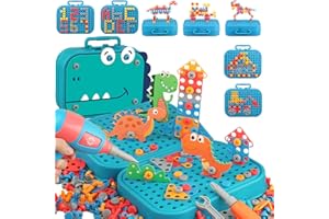 Mosaik Steckspiel Spielzeug, Schrauben Montessori Spielzeug Kreativ 3D Dinosaurier Puzzle mit Bohrmaschine & Werkzeugkoffer, Lernspiele Geschenk für Jungen & Mädchen ab 3 Jahre (211 Stück)
