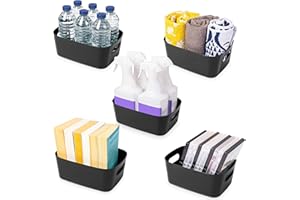 Under Sink Storage Boxes – Strong Storage Baskets with Handles – Home, Kitchen and Bathroom Organiser – Rectangular Multi Use Storage Boxes –– Stackable Pantry Basket – Black, 5pcs – by Stackzy