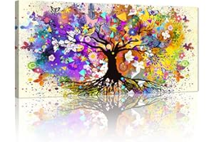 FajerminArt Cadre en bois Impression sur Toile Moderne Art Mural Grande Impression sur Toile Colorée Arbre de vie tableau decoration murale Salon Chambre Prêt à être accroché 100x50cm