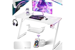 ‎KESSER KESSER® Gaming Table LED 140 cm x 60 cm Z-Shape Gamer Desk Headphone Hook & Carbon Coating Ergonomic PC Computer Desk Sturdy Table & Drink Holder White