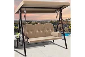 ‎YITAHOME YITAHOME Hollywoodschaukel, 3-Sitzer Gartenschaukel mit Liegefunktion mit Verstellbarem Baldachin und Abnehmbarem Kissen, Geeignet für Erwachsene im Garten, Pool, Balkon, Khaki