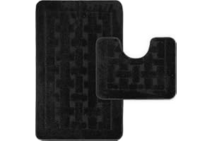 LS DECOR Luxury 2 Piece Block Bath Mat Set Non Slip Ultra Soft Bathroom Mats Water Absorbent Bath Mats Machine Washable Rug Toilet Mat for Bathroom Floor (BLACK)