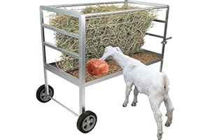 JonesHouseDeco Galvanized Steel Livestock Feeder with Wheels, 2 in 1 Hay & Grain/Salt Feeder, Heavy-Duty Large Capacity Sheep Feeding Cart, Easy to Clean for Goats, Sheep, Horse, Ponies #B808A01