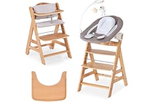 Hauck Beta Plus Newborn Set Deluxe - Baby Holz Hochstuhl ab Geburt mit Liegefunktion - inkl. Aufsatz für Neugeborene, Sitzpolster, Tisch - mitwachsend, verstellbar - Natur