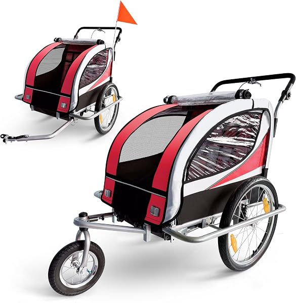SAMAX Children Bike Trailer 2in1 Kids Jogger Stroller with Suspension 360° rotatable Childs Bicycle Trailer Transport Buggy Carrier for 2 Kids in Red - Silver Frame - 1
