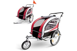 BABY VIVO SAMAX Remorque Vélo convertible Jogger 2en1 360° rotatif Pour 2 Enfants Amortisseur Transport Poussette en Rouge - Silver Frame