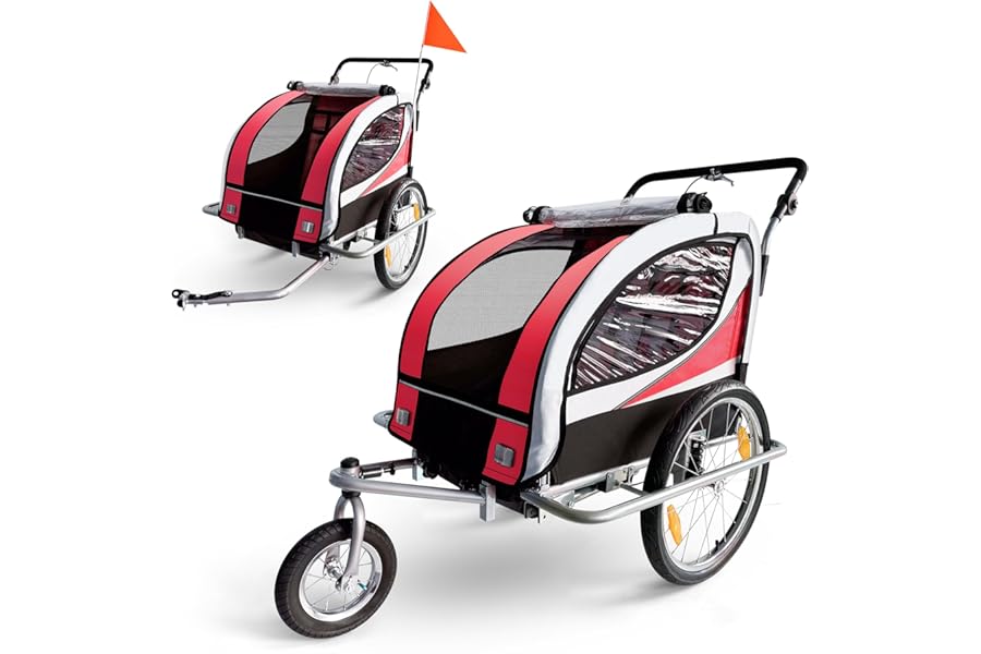 SAMAX Children Bike Trailer 2in1 Kids Jogger Stroller with Suspension 360° rotatable Childs Bicycle Trailer Transport Buggy Carrier for 2 Kids in Red - Silver Frame
