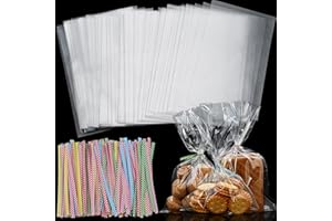 Faburo 90pcs Cellophantüten Klar 25x15cm Süßigkeiten Tütchen Transparent mit 90 Metallischen Bindebaender für Süßigkeiten Mitgebsel Kindergeburtstag Gastgeschenke