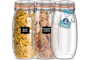 HEFTMAN Clip Top Glass Jars Set of 3-2 Litre Airtight Glass Jars with Lids & Silicone Seal for Pasta, Sourdough Starter, Chutney, Pickling, Kitchen Organisation - Empty Food Storage Jar Set (3 Pack)