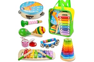 JUSTWOOD Holz Musikinstrumente für Kinder ab 3 Jahre, 12 STK. Musikspielzeug mit Xylophon Maracas Tamburin, pädagogisches Montessori Musikspielzeug Geburtstag Geschenk für Mädchen Jungen 3 4 5 Jahre