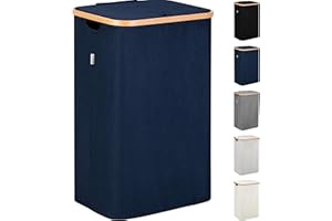 Lonbet - Kosz na pranie z pokrywką duży - XXL 100 litrów - kosz na pranie drewno bambusowe - kosz na pranie niebieski z uchwytami - Blue Laundry Basket - Laundry Hamper with Lid
