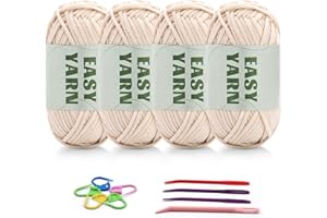‎RIDDUR 4 X 50g Häkelgarn Wolle zum Häkeln Dickes Garn Schlauchgarn zum häkeln Chenille Wolle zum Häkeln gut Sichtbare Maschen, Plüschwolle Dickes Baumwoll-Nylon-Beige mit Häkelzubehör