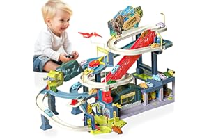 Joy Depot Dinosaur Race Tracks Play Vehicles Toys Set Train Tracks with 4 Dinosaurs Car and 4 Race Cars Race Tracks Toys Christmas Birthday Party for Kids Ages 3+