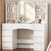 Hzuaneri 108 cm Makeup Dressing Table, Large HD Mirror, LED Lighting, Socket Strip, 9 Drawers, 11 Storage Space, Suitable for