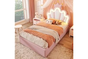 ‎MERAX Merax Kinderbett 90x200, Polsterbett für Mädchen Kronen-Einzelbett mit verstellbarem Kopfteil, LED-Streifen, Hydraulischer Stauraum, aus PU-Leder Bettrahmen mit Lattenrost(ohne Matratze), Rosa