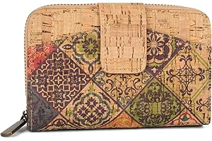 styleBREAKER Damski portfel z korka, kolorowe ornamenty, motyw etno, zatrzask, zamek błyskawiczny, portmonetka 02040146