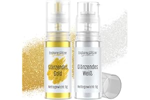 Essbarer Glitzer Spray Gold & Weiß, Wwtop 2 Farben set Lebensmittel Glitzer für Getränke Puder Essbar für Backen, Erdbeeren, Cupcakes, Kuchen, Fondant, Cocktails, Schokolade (5g)