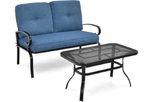 RELAX4LIFE Garden Loveseat and Table Set, Metal Frame 2 Seater Outdoor Furniture Set with Cushion & Armrest, Patio Bench Conversation Set for Backyard Park Poolside (Blue Cushion)