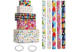 BAFUMIU (5 Rollos) Papel Regalo Cumpleaños - 43 cm x 300 cm, Infantil, Rollo Grande Reciclable Para Todas las Fiestas y Ocasiones Especiales